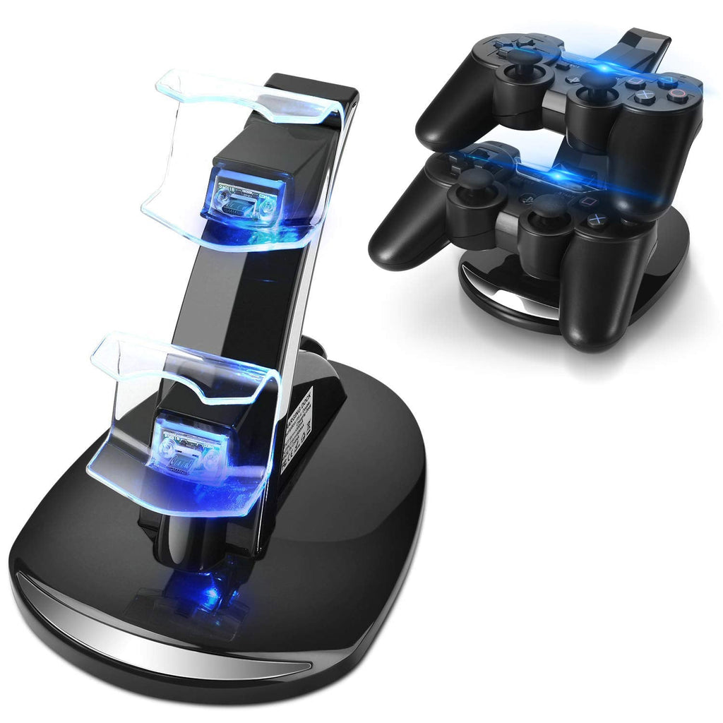 [Australia - AusPower] - TNP PS3 Controller Charger Stand for Sony Playstation 3 Controller Dualshock 3 Charging, 2 Tier Docking Station Stand and 2 USB PS3 Cable Compatible Ports with LED Indicators, Slim Black 