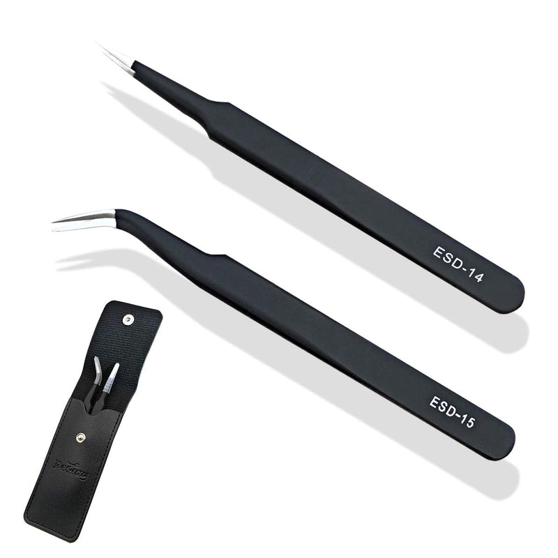 [Australia - AusPower] - ESD Anti static Precision Electronics Tweezers tools Kit, Non Magnetic Multi-standard Stainless Steel Tweezer Set for Electronics Jewelry-making Repairing and cell phone repair,2pack (ESD-14&15) 