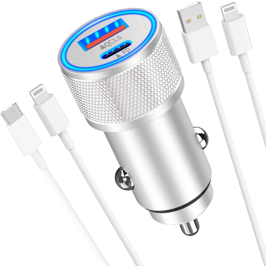 [Australia - AusPower] - [Apple MFi Certified] iPhone Fast Car Charger, Veetone 48W Dual Port USB C Power Delivery All Metal Car Adapter with 2 Pack Lightning Cable, PD/QC 3.0 Type C Rapid Car Charging for iPhone/iPad/Airpods Silver 