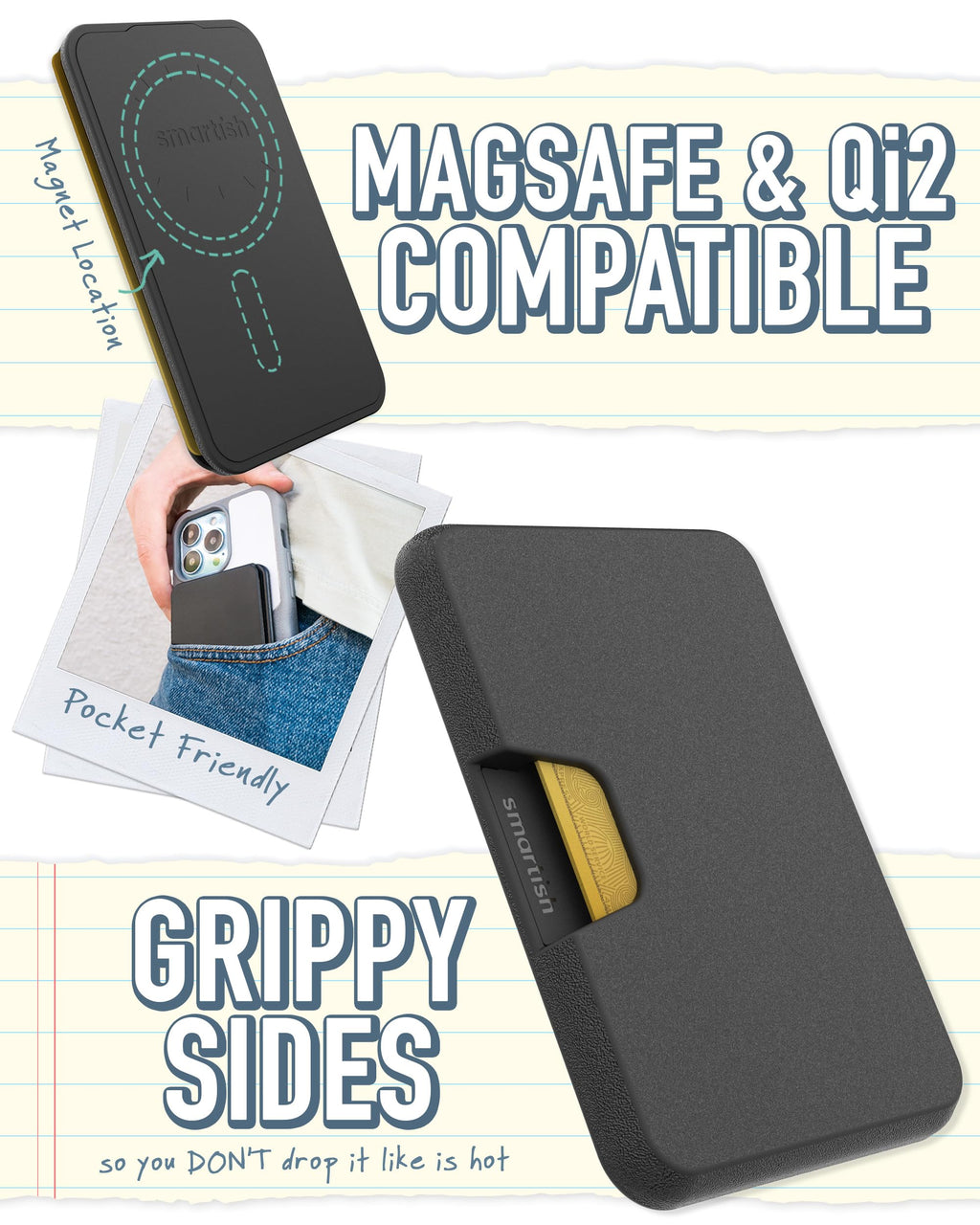 [Australia - AusPower] - Smartish Wallet for MagSafe iPhones - Side Hustle - Slim Detachable Magnetic Card Holder for Apple iPhone 15/14/13/12 Models - Black Tie Affair 