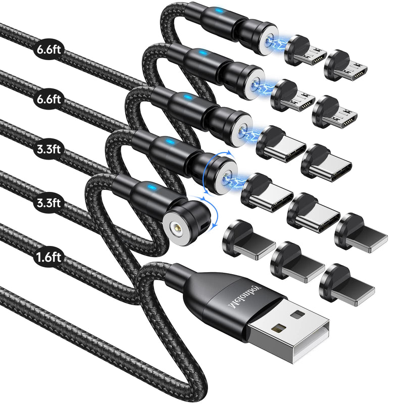 [Australia - AusPower] - Melonboy 540° Rotation Magnetic Charging Cable/5-Pack(1.6/3.3/3.3/6.6/6.6ft)/Magnetic Phone Charger with LED/Magnetic Charger Type C/USB C Charging Cable-Nylon Braided for Type C/Micro USB/i-Product 