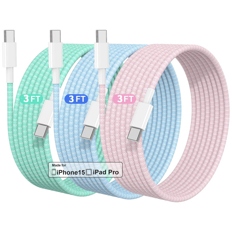 [Australia - AusPower] - Cabepow for Apple USB C Cable iPhone 15 Charger Cord 3ft 3Pack,Long Braided Type C Fast Charging Cable for iPhone 15/Por Max/Por/Plus,MacBook Air/Pro,iPad Pro 12.9/11,Samsung Galaxy S23/S22-3FT Pink+Blue+Green 