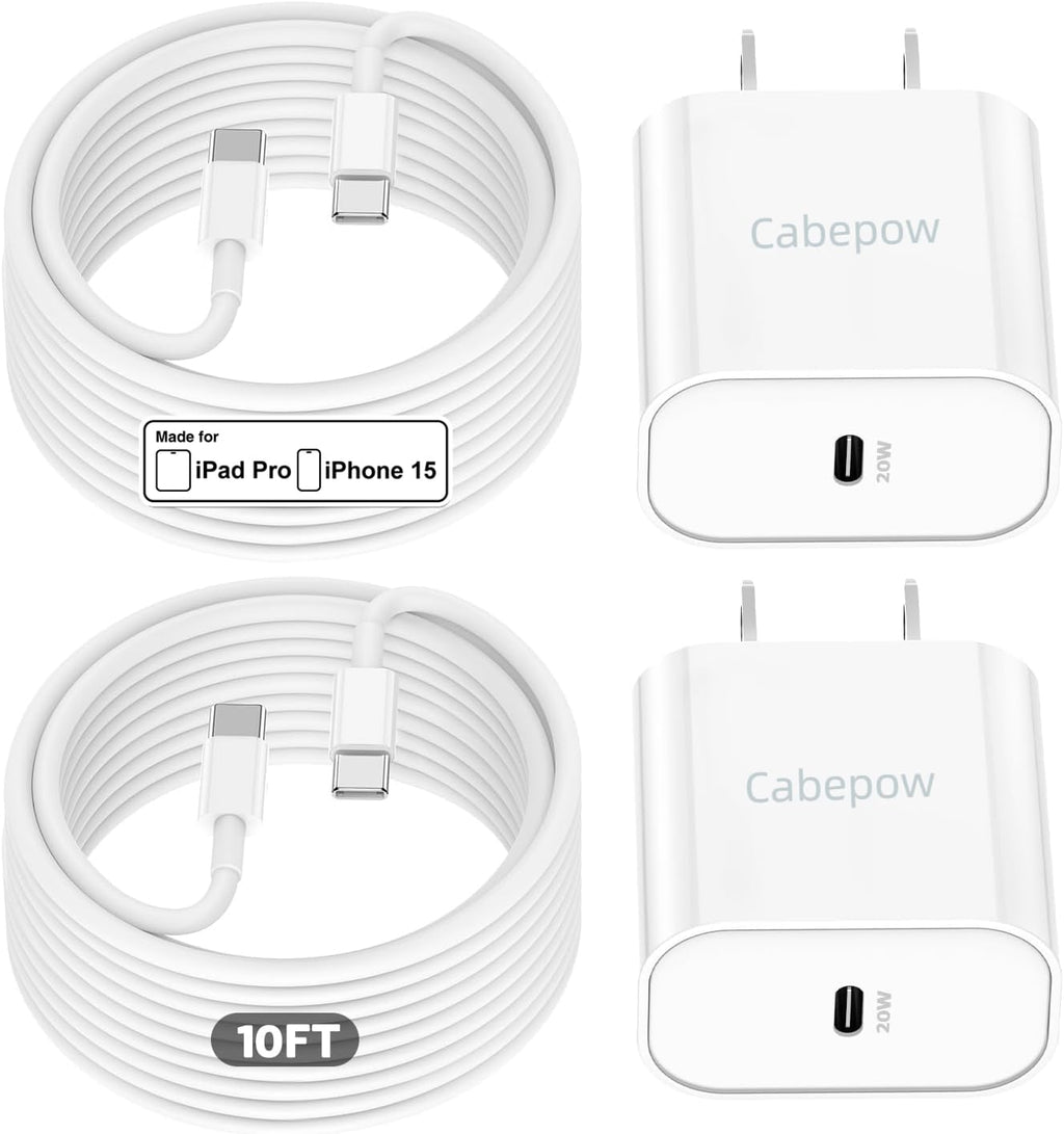 [Australia - AusPower] - iPhone 15 Charger 10Ft,Cabepow iPad Pro Charger,20W USB C Charger Block with 2Pack 10FT Long USB C to USB C Charging Cable for iPhone 15 /Pro/Pro Max/Plus,iPad Pro,iPad Air 5th/4th 