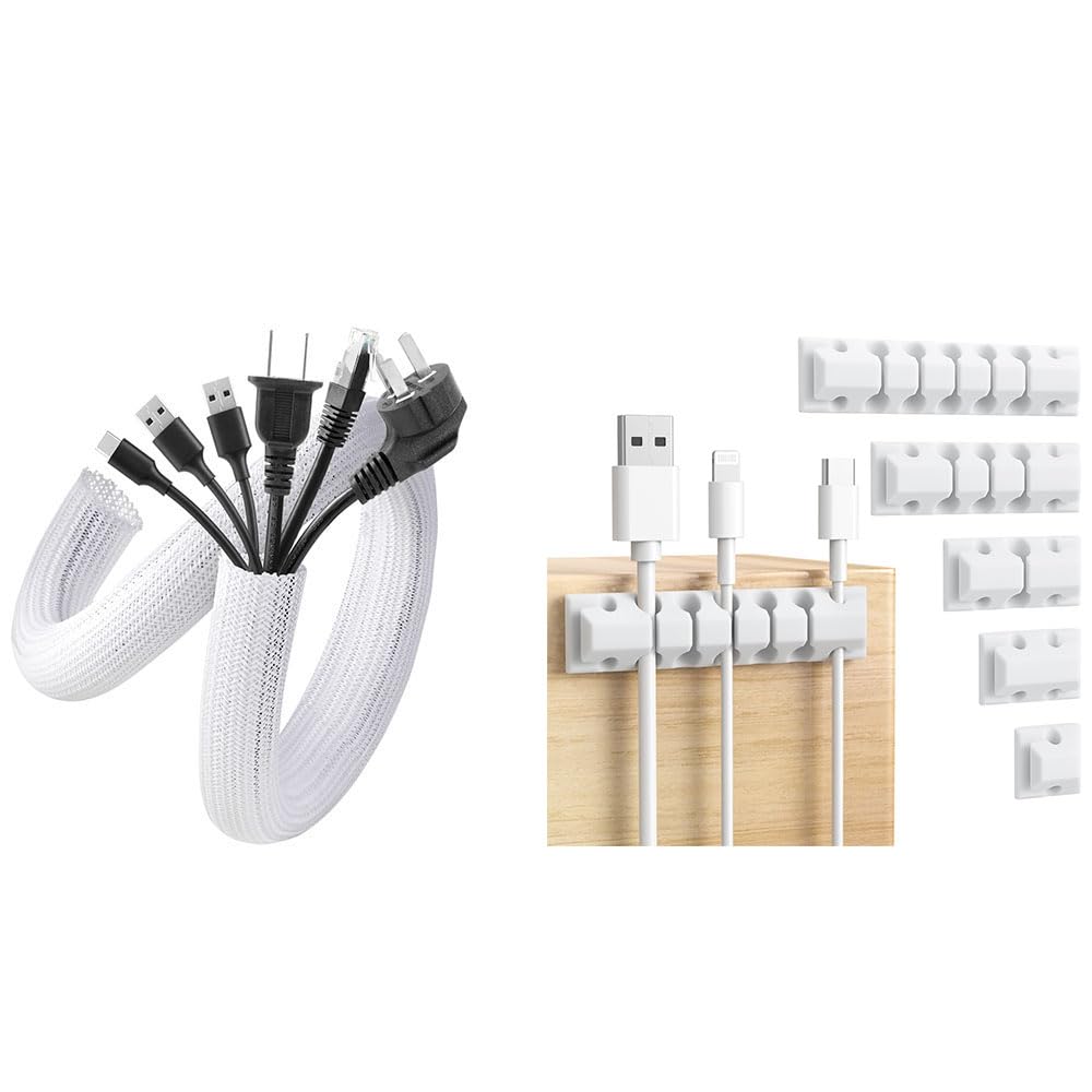 [Australia - AusPower] - AGPTEK Cable Sleeve White (2 Pack 5ft - 1.2inch) + White 5 Pack Cable Clips 