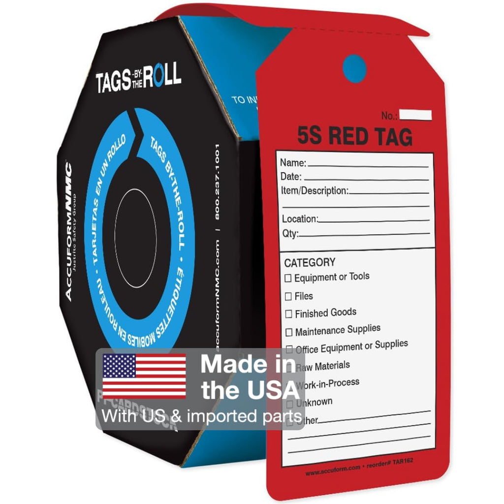 100 Tags by-The-Roll, 5S Red Tag, US Made OSHA Compliant Tags, Waterproof PF-Cardstock, Resists Tears, 6.25"x3", TAR162 100 Tags