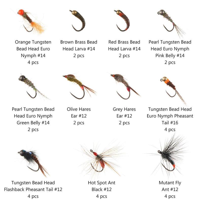 BASSDASH Trout Steelhead Salmon Fishing Flies Barbed Barbless Fly Hooks  Include Dry Wet Flies Nymphs Streamers Eggs, Fly Lure Kit with Fly Box  32pcs barbless trout flies