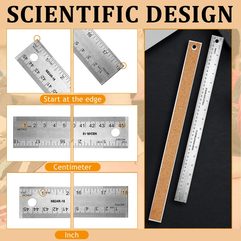 3 Pieces Stainless Steel Cork Back Rulers Metal Ruler Set Non Slip