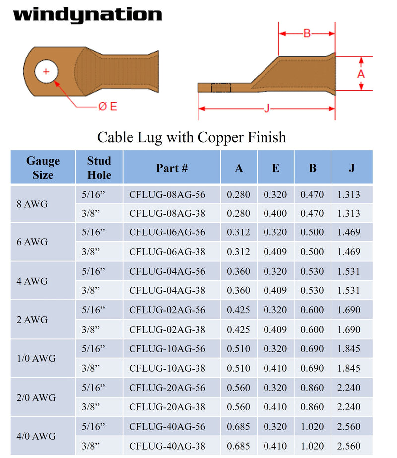 10 pcs WNI 1/0 Gauge x 3/8 Pure Copper Battery Welding Cable Lug