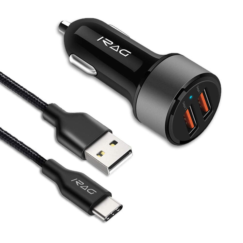 [Australia - AusPower] - iRAG Car Charger for Samsung Galaxy A10e/A11/A20/A21/A50/A51/A71/S21/S20 FE/S20/S20 Plus/S10/S10E/S9/Note 10/9/8-36W QC 3.0 2-Port USB Adapter with 6FT Braided USB Type C to A Fast Charging Cable Cord 