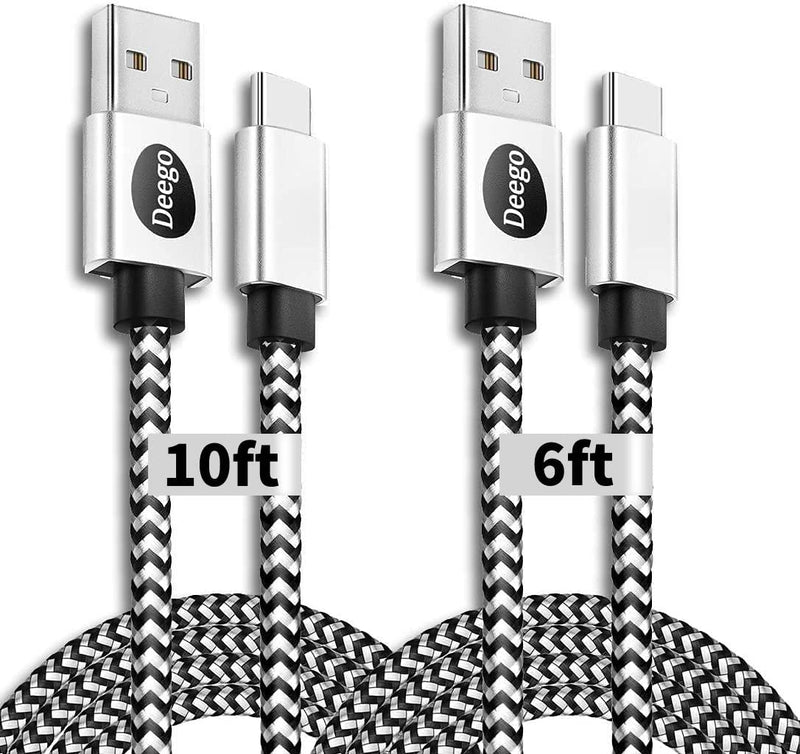 [Australia - AusPower] - USB Type C Cable, 2Pack Extra Long USB A to USB C Fast Charger Cable 10Ft 6Ft, DEEGO Nylon Braided USB C Cord for Samsung Galaxy S10 S9 A10e A20 A21 S8 A51 A01, Note 10 9,LG V60 V50 V40,Google Pixel Black&White 