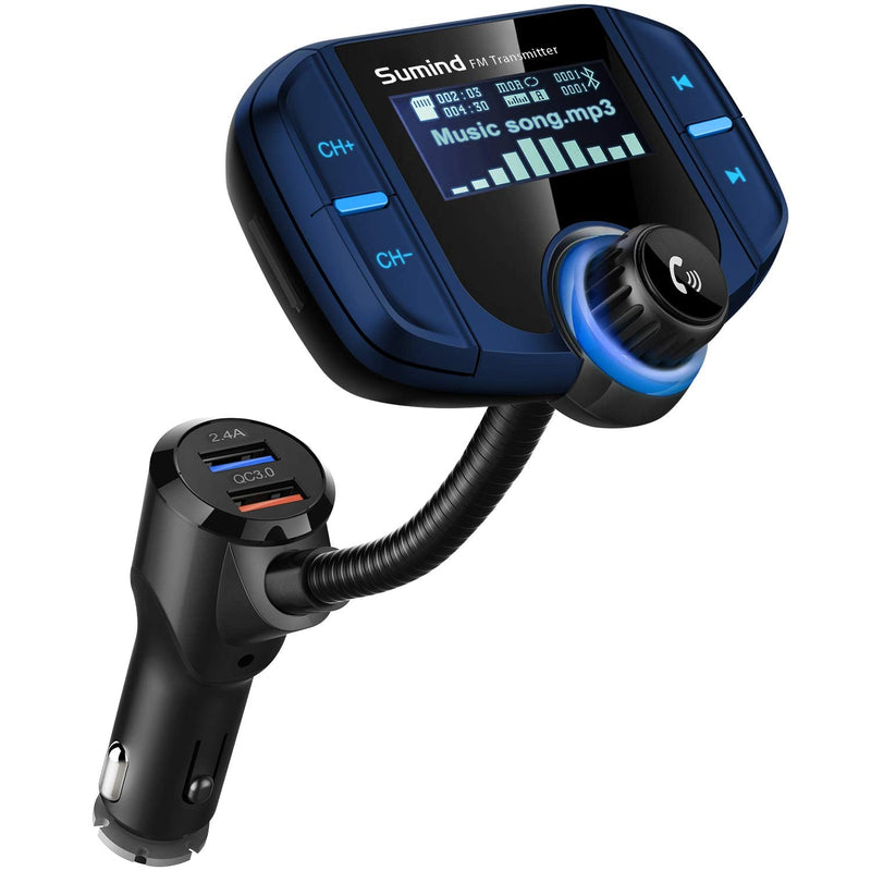 Upgraded Version) Sumind Car Bluetooth FM Transmitter, Wireless Radio  Adapter Hands-Free Kit with 1.7 Inch Display, QC3.0 and Smart 2.4A USB  Ports, AUX Output, TF Card Mp3 Player(Blue) Blue