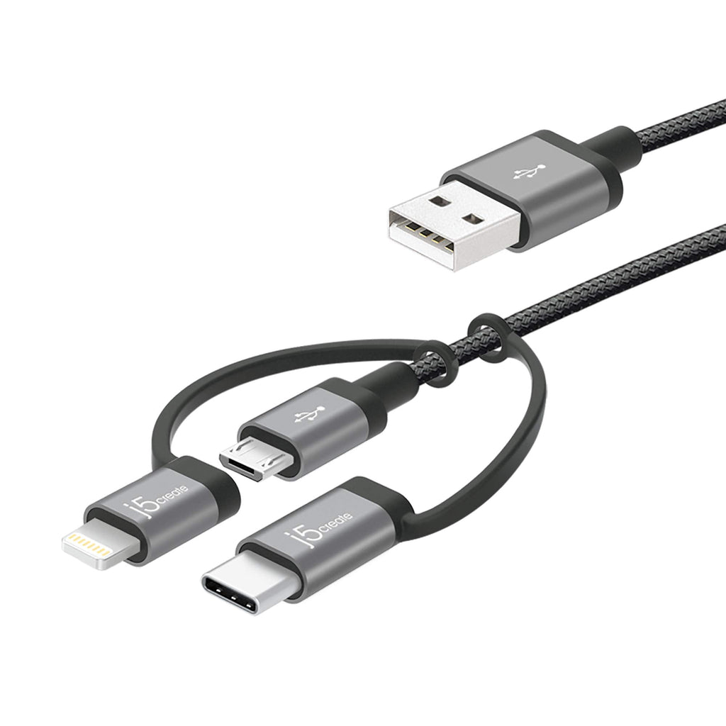[Australia - AusPower] - j5create 3-in-1 Charger Cable Adapter | 3.3ft Nylon Braided USB to Micro-USB Compatible with Apple iPhone Charger Lightning Cable (MFI Certified) & USB Type C Devices | iOS, Android, Windows - Black 