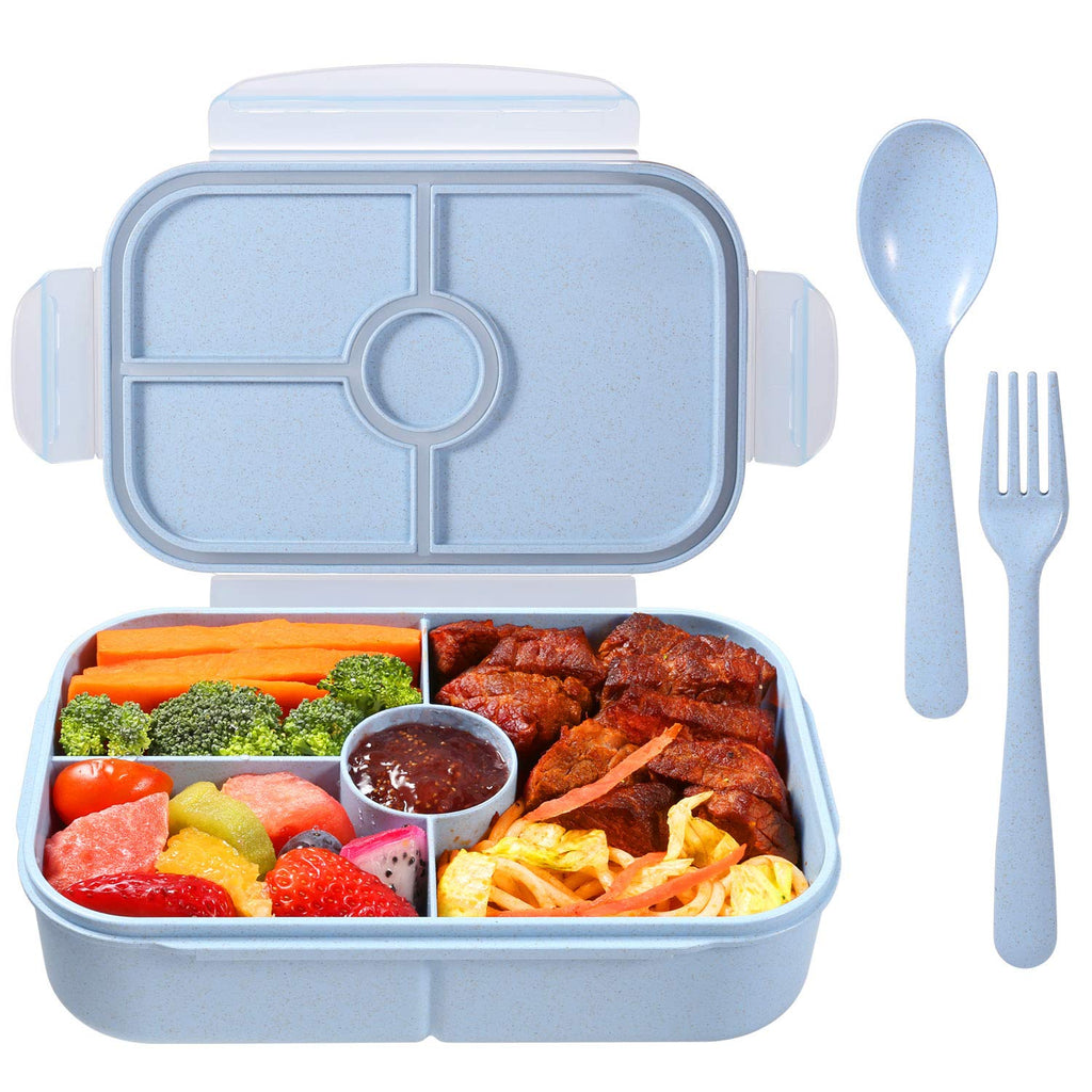 [Australia - AusPower] - Bento Box for Kids Lunch Containers with 4 Compartments Kids Bento Lunch Box Microwave/Freezer/Dishwasher Safe (Flatware Included,Light Blue) Light Blue Wheat Fiber 