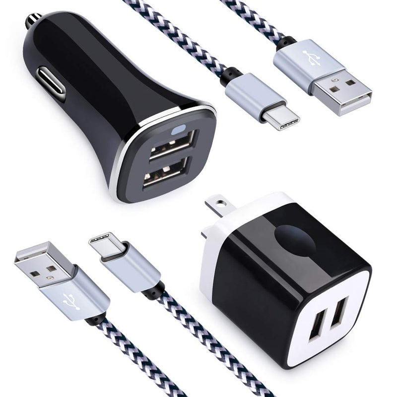 [Australia - AusPower] - 2.4A Dual Port USB Car Charger + 2.1A Dual Port Wall Charger Block Charging Brick Box + 2Pack USB Type C Cable Power Cord Phone Charger Compatible LG Stylo 4/5, LG G8 G7 G6 G5 V30 V35 V40 V50 ThinQ 