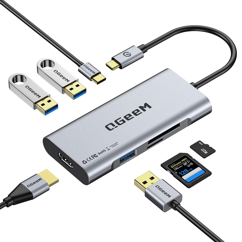 [Australia - AusPower] - USB C Hub, QGeeM USB C to HDMI Multiport Adapter 4k, 7 in 1 USB C Dongle with 100W Power Delivery,3 USB 3.0 Ports, SD/TF Card Reader, Compatible with MacBook Ipad HP Dell XPS and More Type C Device Grey 