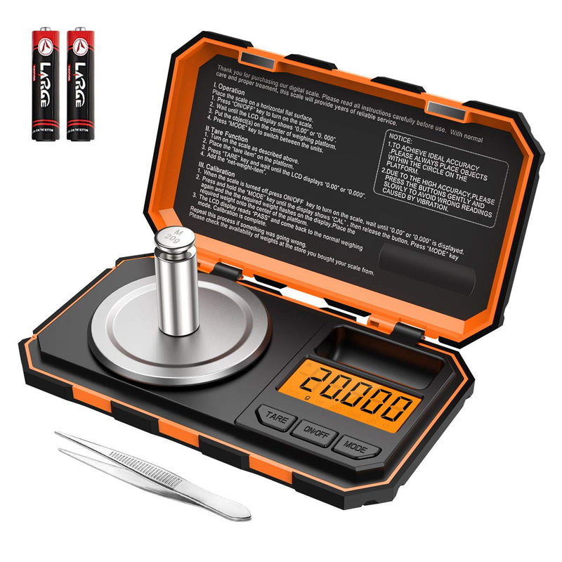 AMIR professional digital mini postal scale showing orange compact electronic pocket scale with calibration weight, battery, and tweezers included.