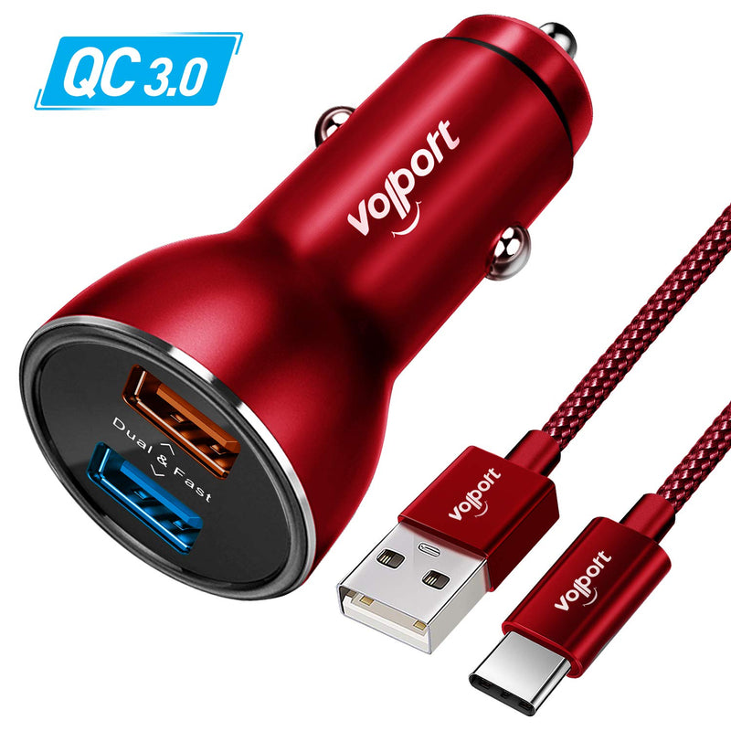 [Australia - AusPower] - 39W Fast Dual USB Car Charger, VOLPORT 3A Metal Rapid LED Light Adapter Support Quick Charging with 3.3ft USB C Braided Charging Cable Cord for Samsung Galaxy M52 5G M22 M32 5G A03s A52s 5G etc Red 