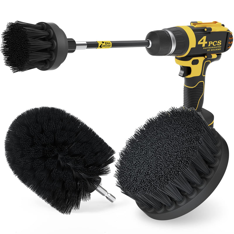 [Australia - AusPower] - Holikme 4Pack Drill Brush Power Scrubber Cleaning Brush Extended Long Attachment Set All Purpose Drill Scrub Brushes Kit for Grout, Floor, Tub, Shower, Tile, Bathroom and Kitchen Surface Black 