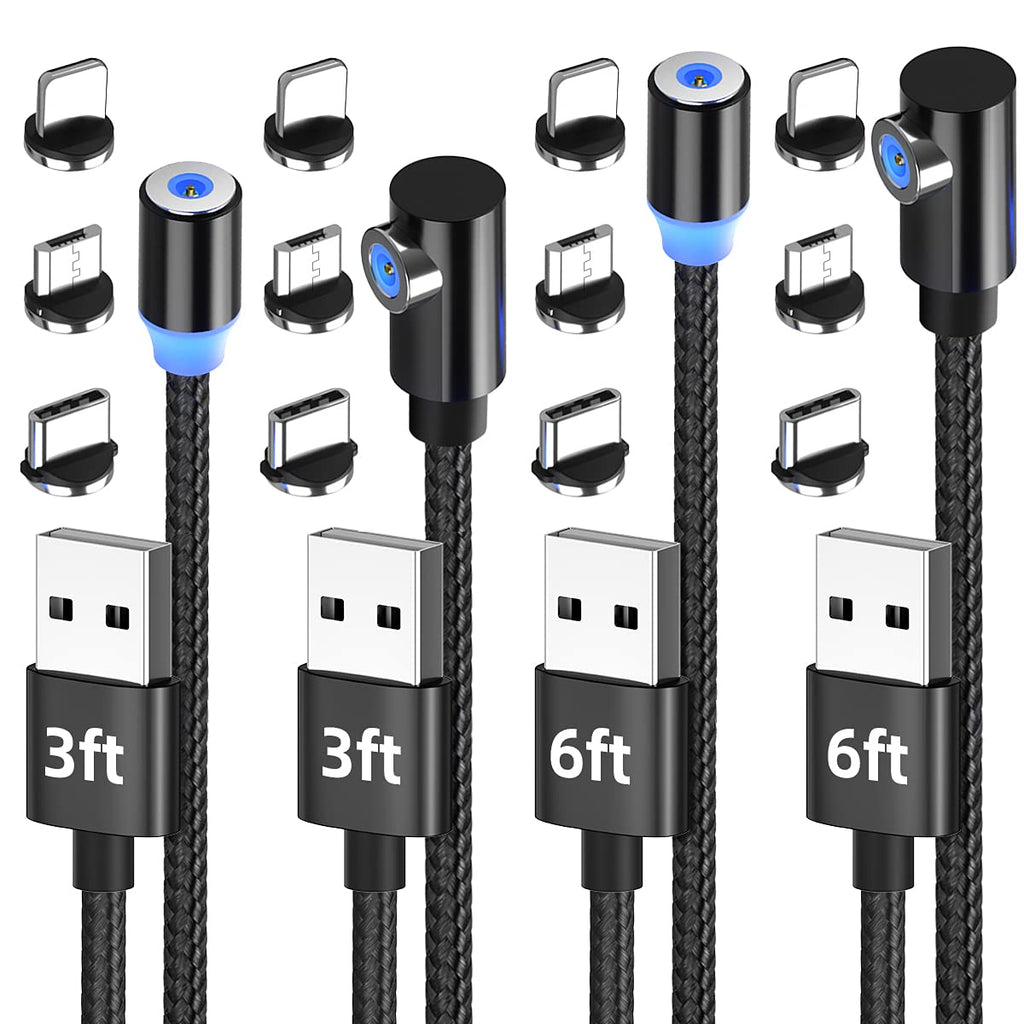 [Australia - AusPower] - Magnetic Charging Cable (4-Pack 3ft/3ft/6ft/6ft) Micro USB Type C Magnet Tips Cell Phone Wire Magnetic USB Charger Cable 2-in-1 Angled Straight 360 Rotate Smartphone Max 2.4A Charge Cord (Black) Black 