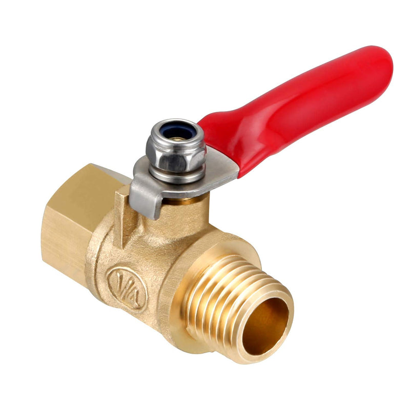 BVT 1/4 inch brass ball valve with NPT threads, female and male fittings, used for air compressor shut-off applications.