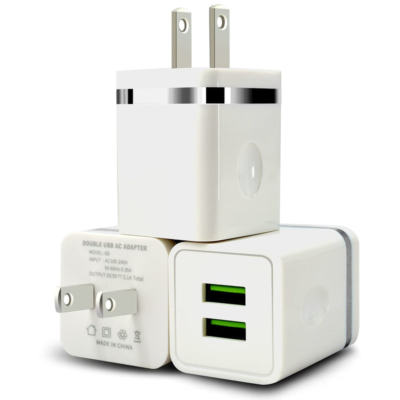 [Australia - AusPower] - USB Wall Charger, CUGUNU 3-Pack 2.1A/5V Dual Port USB Plug Power Adapter Charging Block Cube Compatible with iPhone 13/12/11 /Pro Max, XR/XS/X 8/7/6 Plus, Samsung, Moto, Kindle, Android Phone - Silver 
