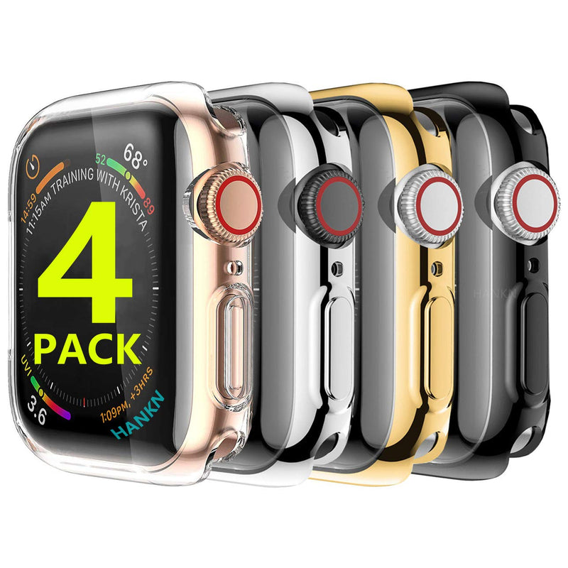 [Australia - AusPower] - [4 Pack] Hankn for Apple Watch Series 6 SE 5 4 Screen Protector Case 44mm, Soft TPU Full Coverage Plated Shockproof Smartwatch iWatch Cover Bumper (Clear+Silver+Gold+Black, 44mm) Clear+Silver+Gold+Black 