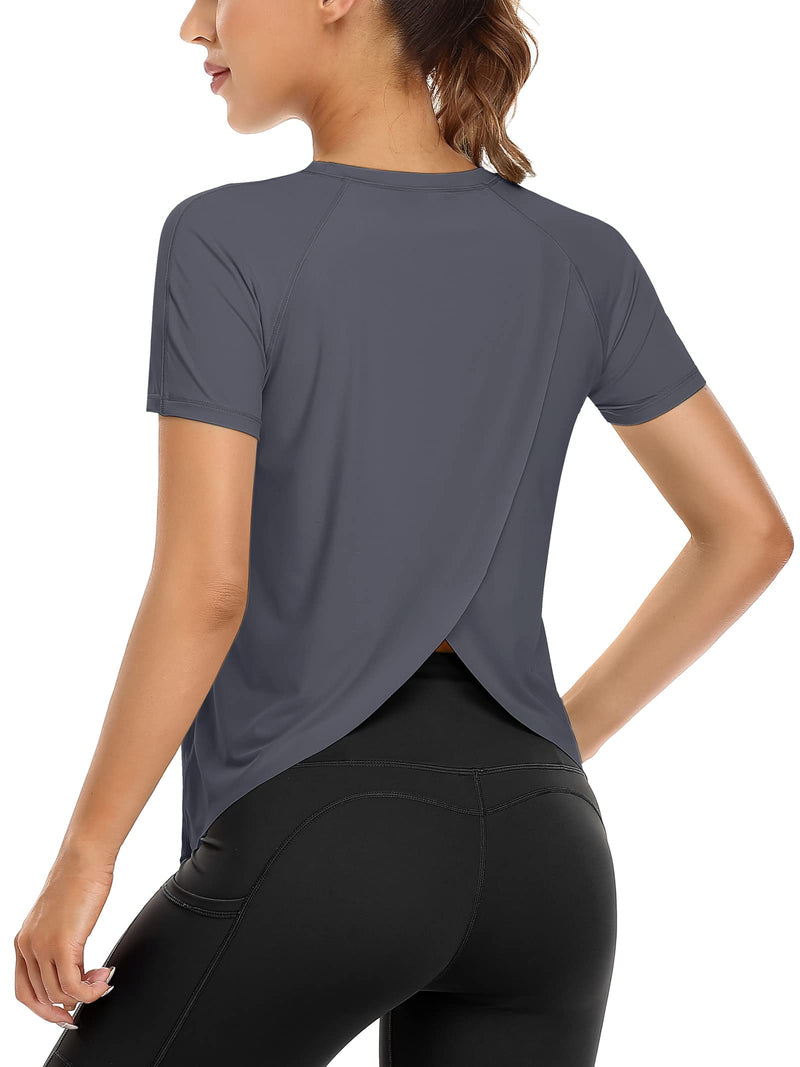 ATTRACO Women Workout Shirts Short Sleeve Athletic Running Gym Tee Shirts  Yoga Top Split Back Open_grey Small