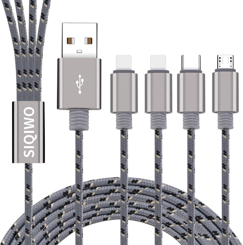 [Australia - AusPower] - SIQIWO Multi Charger Cable, [4FT/3A/2Pack] Nylon Braided 4 in 1 USB Fast Charging Cord with 2iP Type C Micro USB Port Adapter, Compatible Cell Phones Tablets Samsung Galaxy Google Pixel Nexus Sony LG 4 IN 1(Grey) 