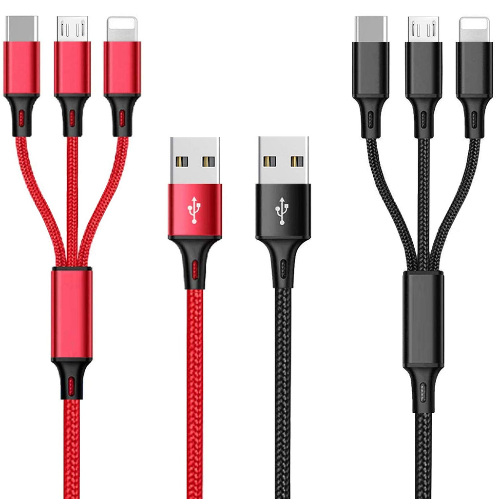 [Australia - AusPower] - Multi Charging Cable, 4ft 2Pack Multi Phone Charger Cable Braided Universal 3 in 1 Charging Cord Extra Long Multiple USB Cable with USB C, Micro USB Port Connectors for Cell Phones and More（Red+Black) 