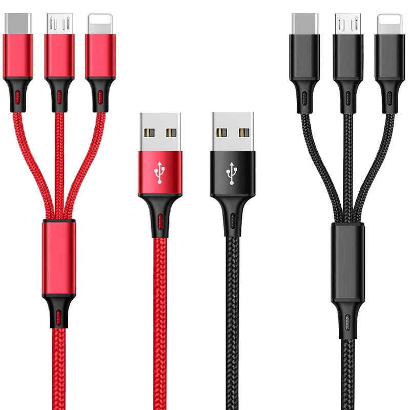[Australia - AusPower] - Multi Charging Cable, 4ft 2Pack Multi Phone Charger Cable Braided Universal 3 in 1 Charging Cord Extra Long Multiple USB Cable with USB C, Micro USB Port Connectors for Cell Phones and More（Red+Black) 