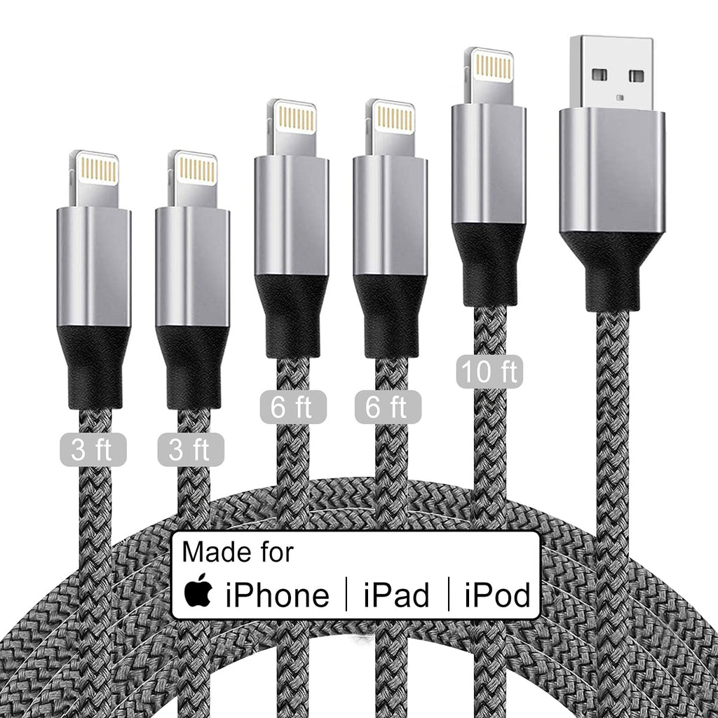 [Australia - AusPower] - iPhone Charger [Apple MFi Certified][3/3/6/6/10 FT ]5Pack Lightning Cable Nylon Braided iPhone Fast Charging Cables Data Sync Transfer for iPhone13/12/12Pro/11/11Max/XS/XR/X/8/8Plus/7/6/5/AirPods Black/Grey 