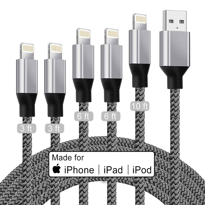 [Australia - AusPower] - iPhone Charger [Apple MFi Certified][3/3/6/6/10 FT ]5Pack Lightning Cable Nylon Braided iPhone Fast Charging Cables Data Sync Transfer for iPhone13/12/12Pro/11/11Max/XS/XR/X/8/8Plus/7/6/5/AirPods Black/Grey 