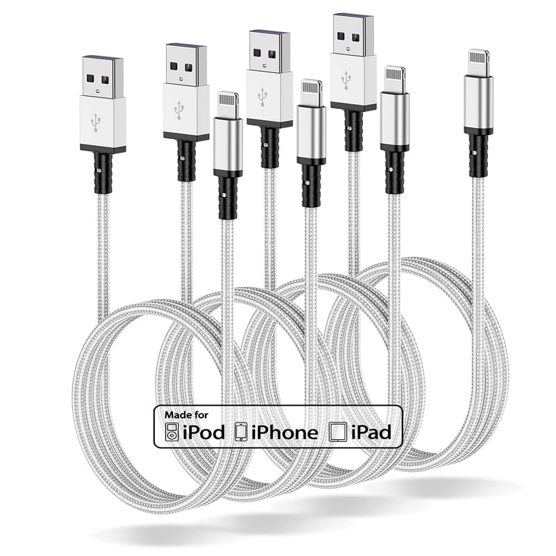 [Australia - AusPower] - 4 Pack 6ft iPhone Charger Cable, [Apple MFi Certified] Long USB A Lightning to Cable 6 Feet, 6 Foot Nylon Fast Apple Charging Cable Cord for Apple iPhone 12/11 Pro/11/XS MAX/XR/8/7/6s/6/5S/SE iPad Silver 