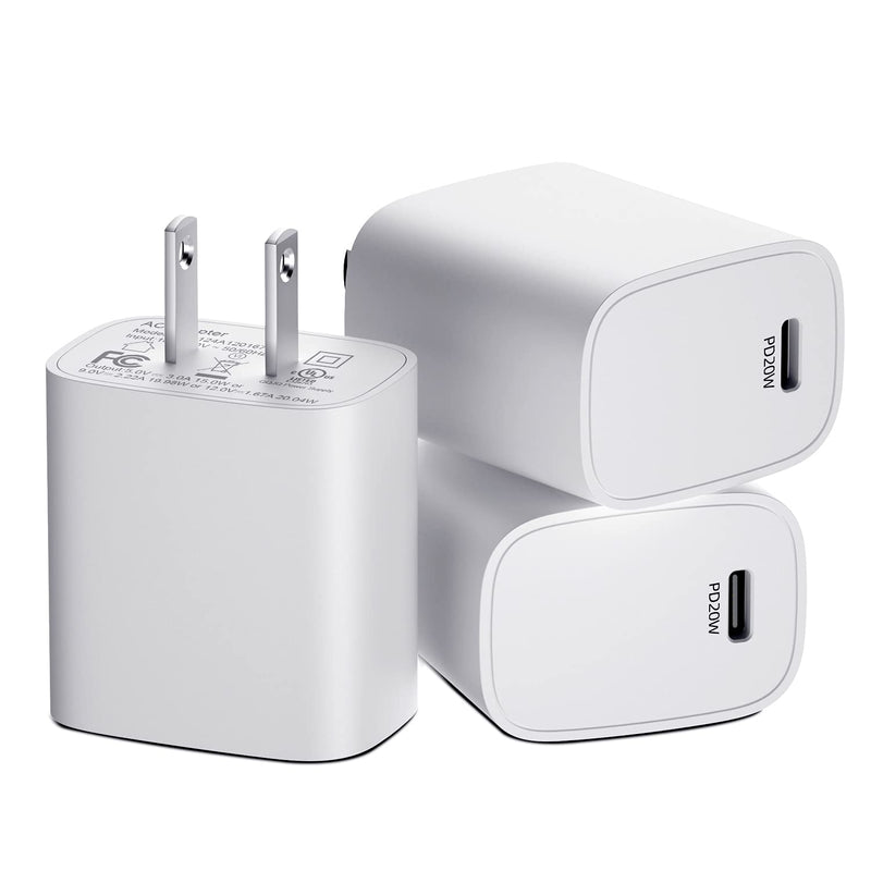 [Australia - AusPower] - USB Type C Charger Block PD 20W Fast Charging AC Adapter[White 3-Pack] Compatible for Apple iPad iPhone 11 12 Pro Max XR and More Android Phone Tablet DC 5V 9V 12V Portable Charge USBC Wall Charger 