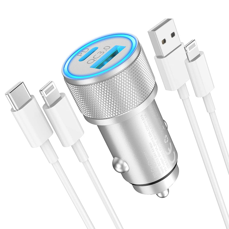 [Australia - AusPower] - [Apple MFi Certified] iPhone Fast Car Charger, Veetone 38W Dual Port USB C Power Delivery All Metal Car Adapter with 2 Pack Lightning Cable, PD/QC 3.0 Type C Rapid Car Charging for iPhone/iPad/Airpods Silver 