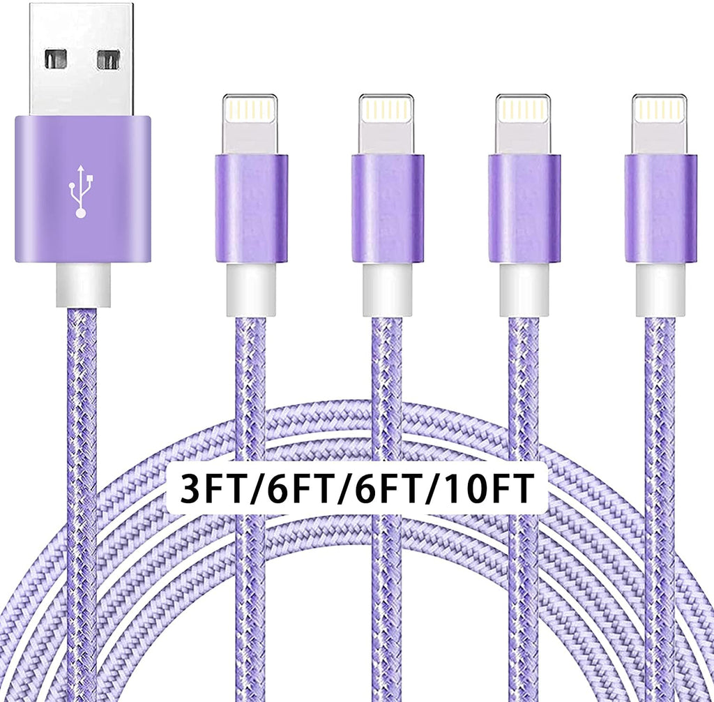 [Australia - AusPower] - iPhone Charger [Apple MFi Certified] 4pack (10ft/6ft/6ft/3ft) Apple Phone Charger Cell Phone Wall Chargers Nylon Braided Compatible with iPhone 13 Pro/13/12/11 Pro/11/XS MAX/XR/8/7/6s More-Purple Purple 