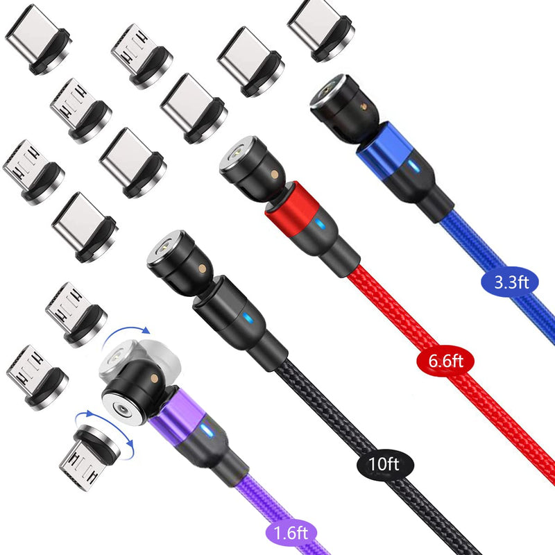 [Australia - AusPower] - 540° Rotation Magnetic Charging Cable（4-Pack, 1.6ft/3.3ft/6.6ft/10ft）3 in 1 Magnetic Phone Charger Cable Compatible with Micro USB, Type C iProduct etc 4 Pack 
