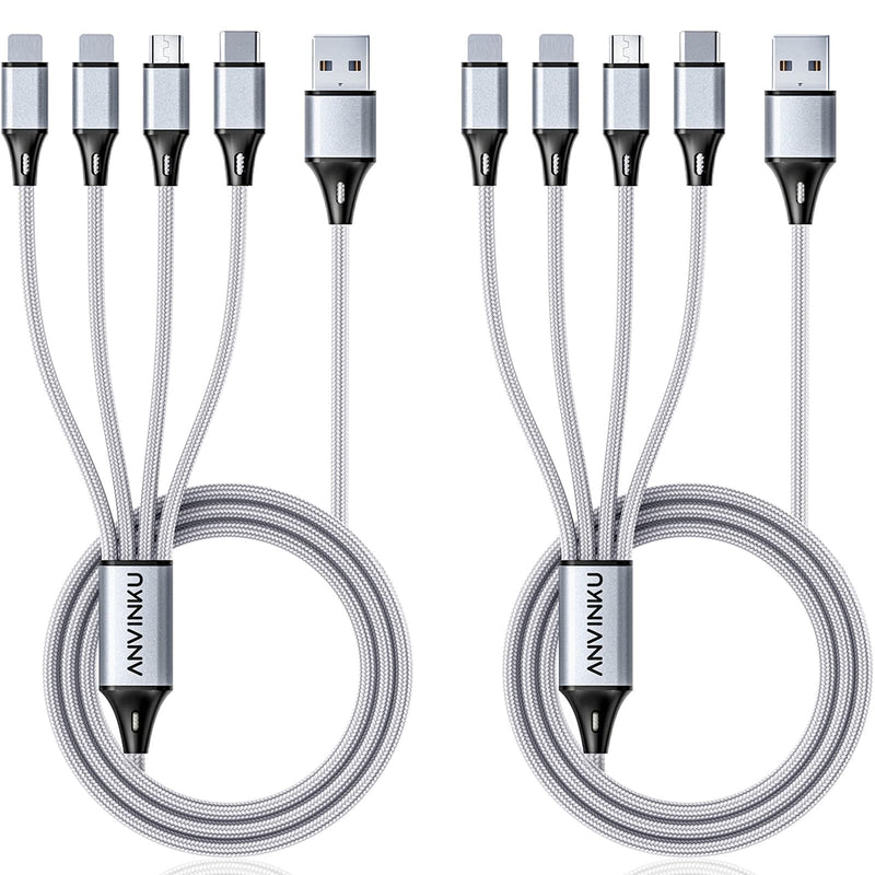 [Australia - AusPower] - Multi Charging Cable, Multi USB Cable 3A 4FT USB Charging Cable Nylon Braided Universal 4in1 Multi Charger Cable Adapter Type-C/Micro USB Port,Compatible with Cell Phones and More (Silver, 2Pack) 