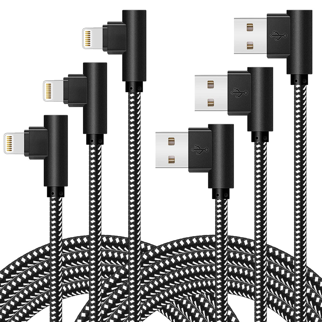 [Australia - AusPower] - iPhone Charger [MFi Certified] 3 Pack (3/6/10FT) Nylon Braided Lightning Cable Right Angle Fast Charging Cords Compatible with iPhone 13/12/11/ Xs/XS Max/XR/X/8/8 Plus/7/7 Plus iPad iPod AirPods BlackWhite 