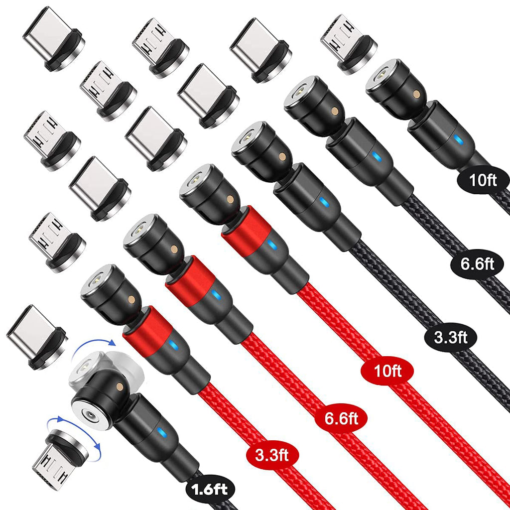 [Australia - AusPower] - 540° Rotation Magnetic Charging Cable (7-Pack, 1.6ft/3.3ft/3.3ft/6.6ft/6.6ft/10ft/10ft) Magnetic Cable, 3 in 1 Magnetic Phone Charger Compatible with Micro USB, Type C Smartphone and iProduct Device 
