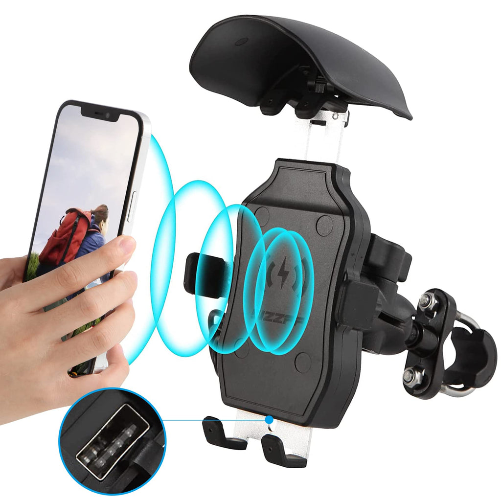 [Australia - AusPower] - WZZPF Waterproof Motorcycle Wireless Phone Holder with Qi 15W Wireless Charger & USB 15W Fast Charging Port Aluminum Alloy Cell Phone Holder Waterproof for 4''-7'' Cellphones Qi/ USB Quick Charger 