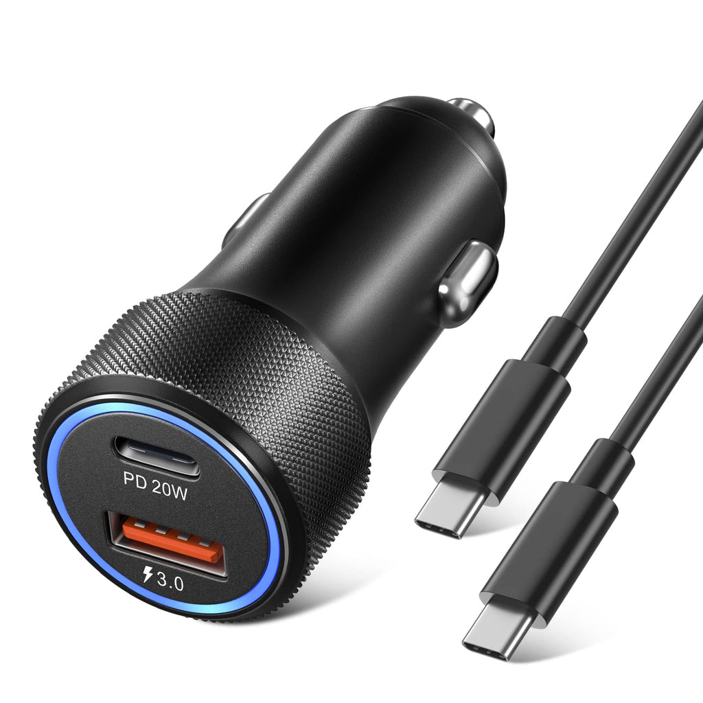 [Australia - AusPower] - USB C Car Charger, OKRAY 36W Fast Charging Type C Car Charger Adapter, PD20W&QC3.0 Dual Port Power Adapter with 6 Feet USB-C to USB-C Cable Compatible Samsung Galaxy S22/S21, Note 20/10, G8/G7 -Black Black 