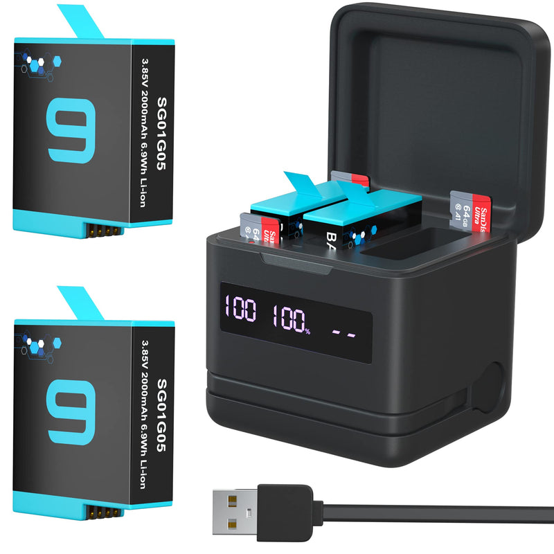 [Australia - AusPower] - TOMSHEIR 2000mAh Hero 10/9 Battery 2-Pack and 3-Channel USB Storage Quick Charger with High Speed Micro SD Card Reader Function (Fully Compatible with Gopro Hero 10 Gopro Hero 9 Black Official) 2Pack 