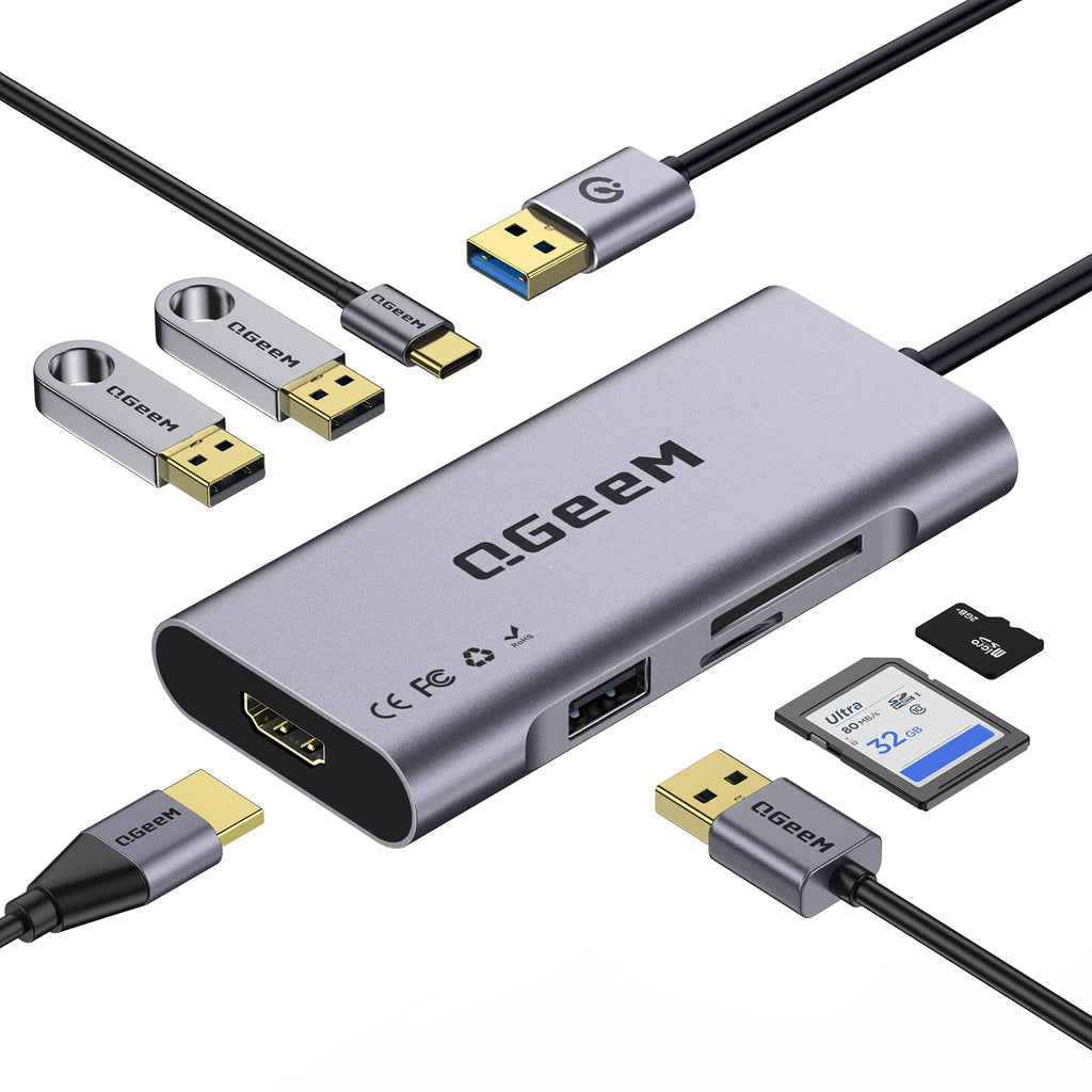[Australia - AusPower] - QGeeM 7 in 1 USB 3.0 Data Hub Adapter in Aluminum Dongle with USB to HDMI Adapter 1080p Output,3 USB Ports,USB-C Data Port,SD/Micro Card Reader, Compatible with Windows, Mac, Android 7 ports 