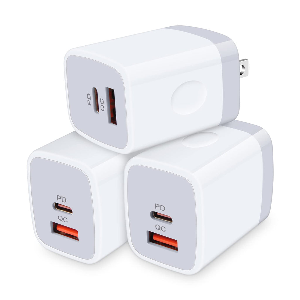 [Australia - AusPower] - Fast Charging Block,USB C Wall Charger,20W PD + Quick Charger Dual Port Power Adapter Brick Plug 3Pack Compatible for Phone 13/13 Mini/13 Pro Max/12 Pro Max/11/XS, iPad, AirPods Pro Max,Moto,LG,Pixel 