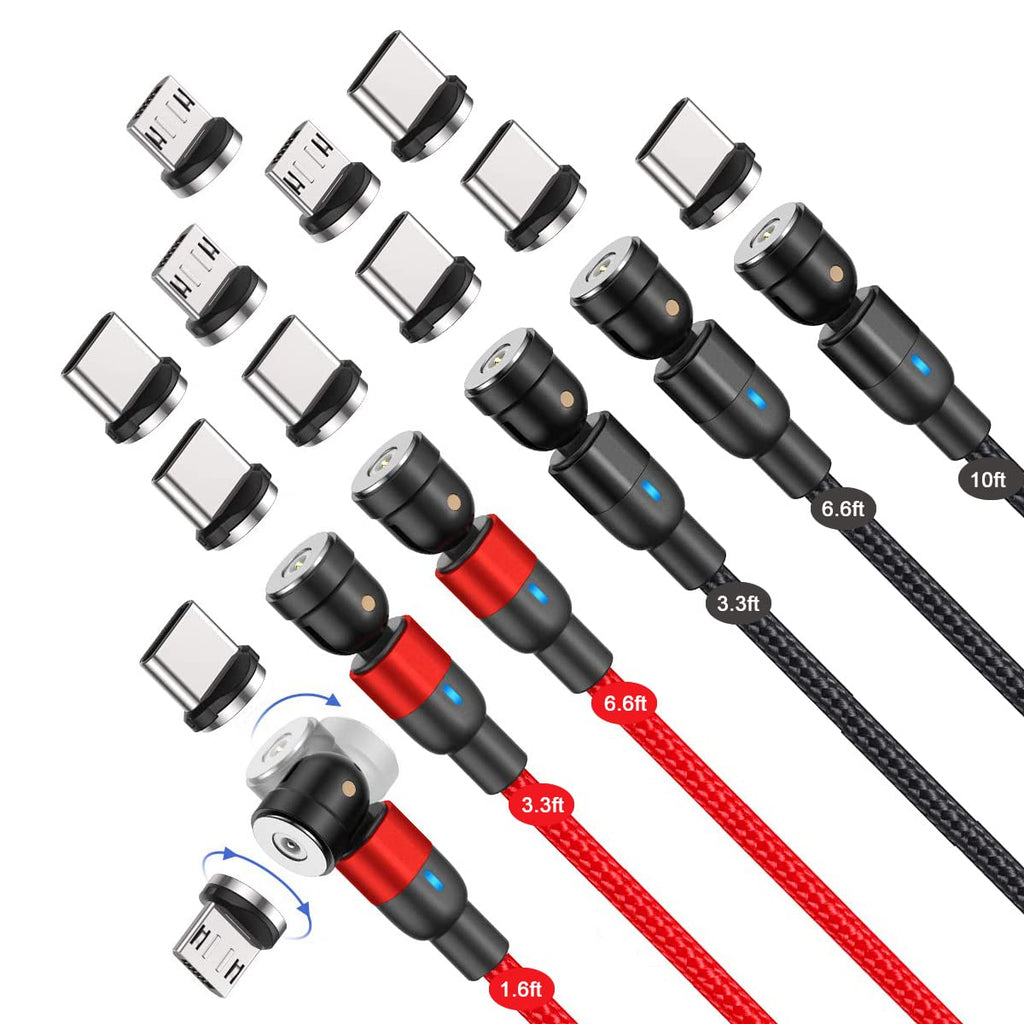 [Australia - AusPower] - 540° Rotation Magnetic Charging Cable（6-Pack, 1.6ft/3.3ft/3.3ft/6.6ft/6.6ft/10ft）Magnetic USB Cable, 3 in 1 Magnetic Phone Charger Compatible with Micro USB, Type C etc 
