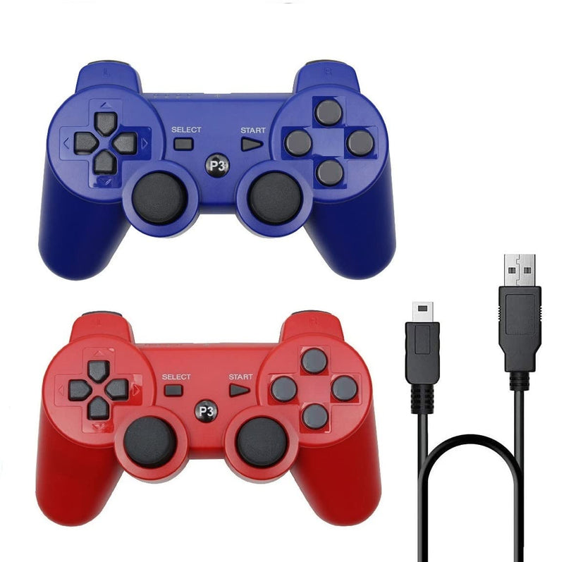 [Australia - AusPower] - Wireless Controllers Replacement For PS-3 Controller 2 Pack Compatible with Playstation 3 Console Double Shock Motion Control Upgraded Joystick with Charging Cord (BLUE+RED) 