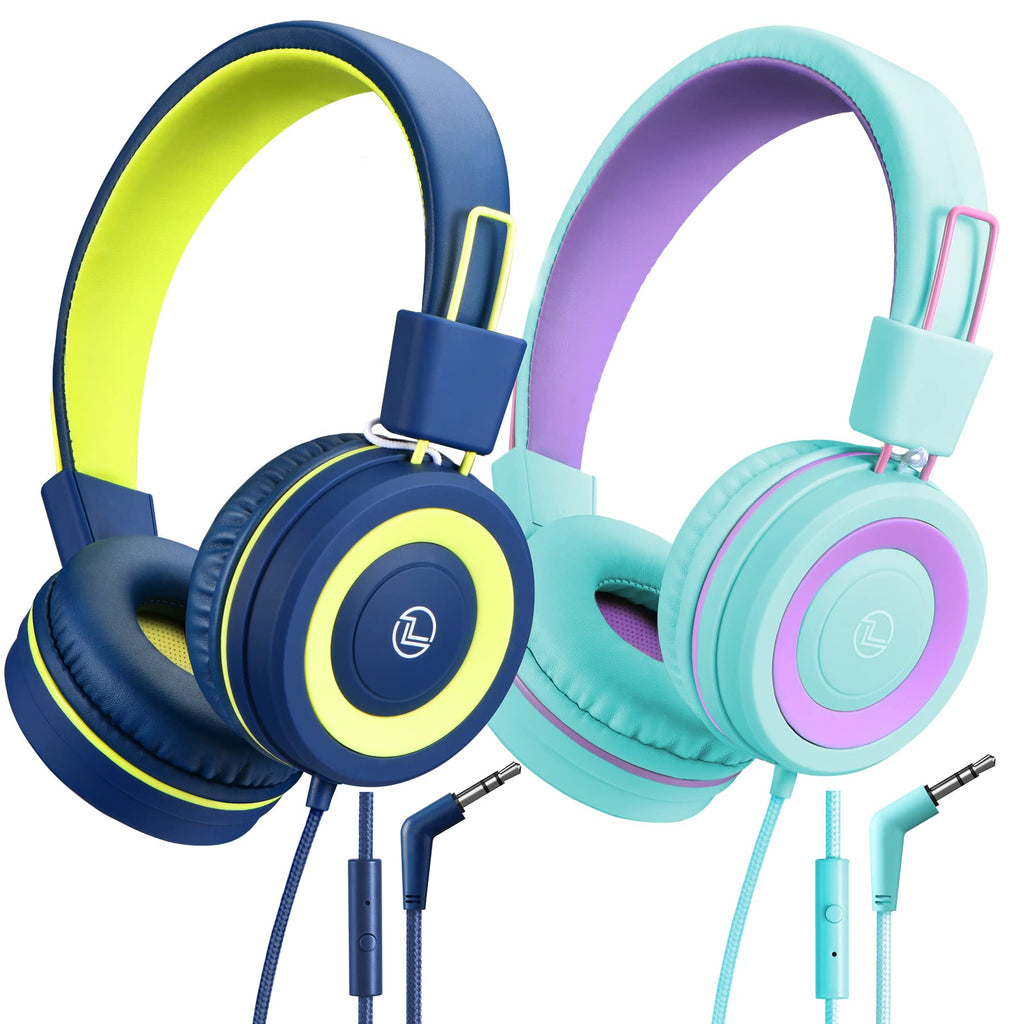 [Australia - AusPower] - VotYoung Kids Headphones with Mic, Lightweight On Ear Headset with 91dB Volume Limit & Share Splitter for Kids Girls Boys, HD Stereo Sounds Wired Headset for iPad/Fire Tablet/Travel(2-Pack) Blue&Green 