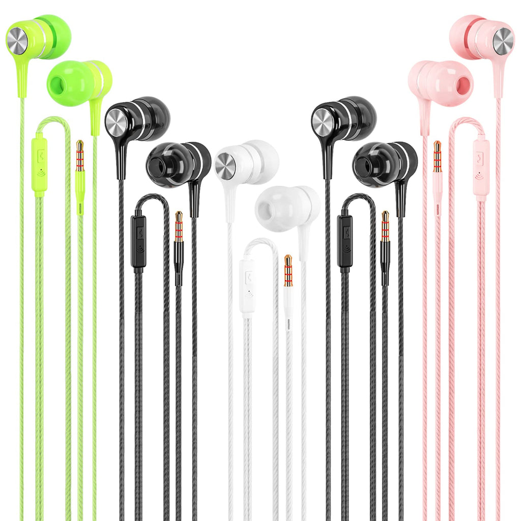 [Australia - AusPower] - Wired Earbuds with Microphone 5 Pack, in-Ear Headphones with Heavy Bass, High Sound Quality Earphones Compatible with iPod, iPad, MP3, Android Phones, Fits All 3.5mm Jack Black*2 + White + Pink + Green 