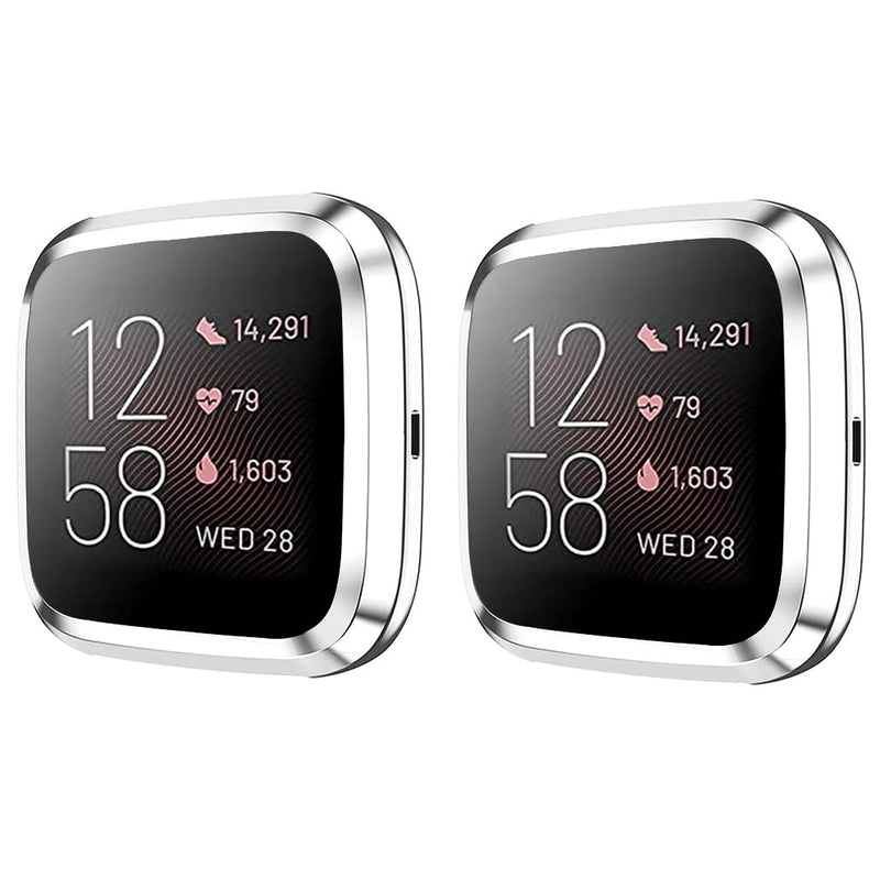 [Australia - AusPower] - HANKN 2 Pack Compatible with Fitbit Versa 2 Screen Protector Case, Soft TPU Full Coverage Protective Cover Bumper Frame Versa 2 Smartwatch (Silver x 2) Silver x 2 